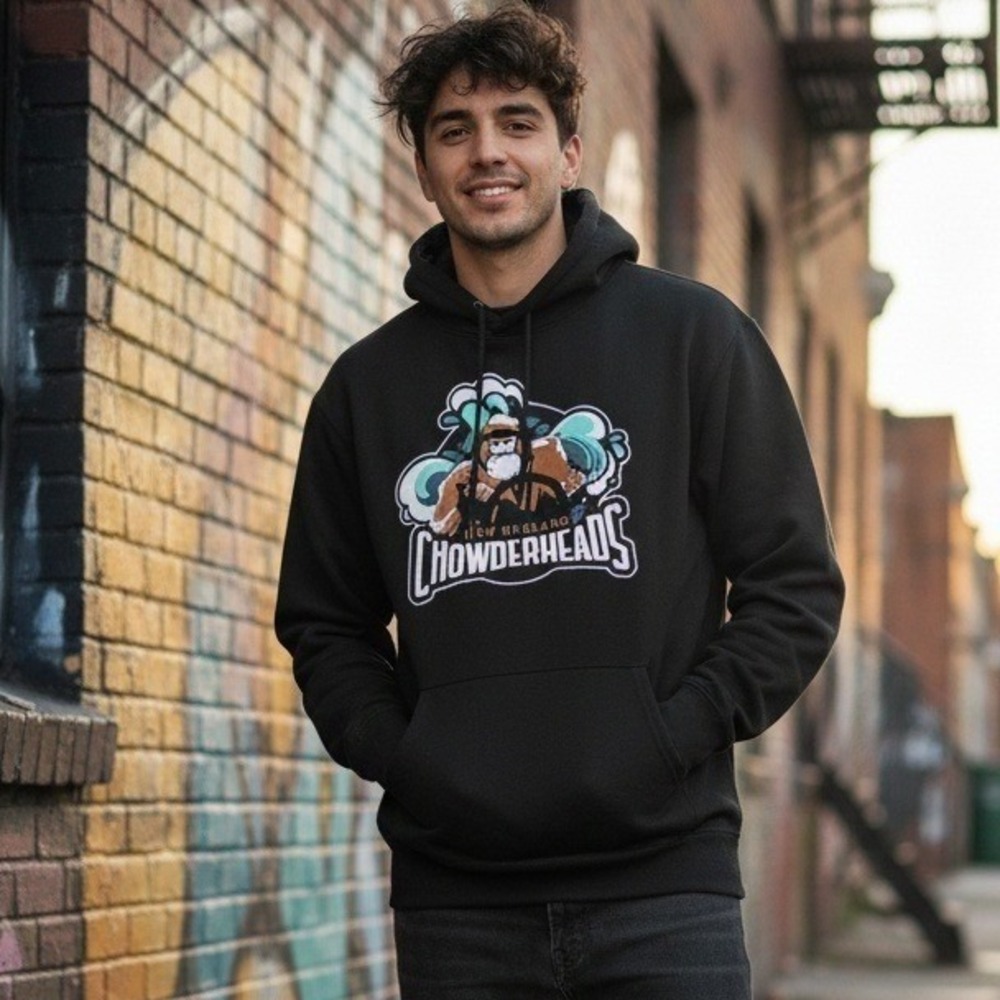 Y2K New England Chowderheads Hoodie Sweatshirt Men's Sz M Black Graphic Pullover